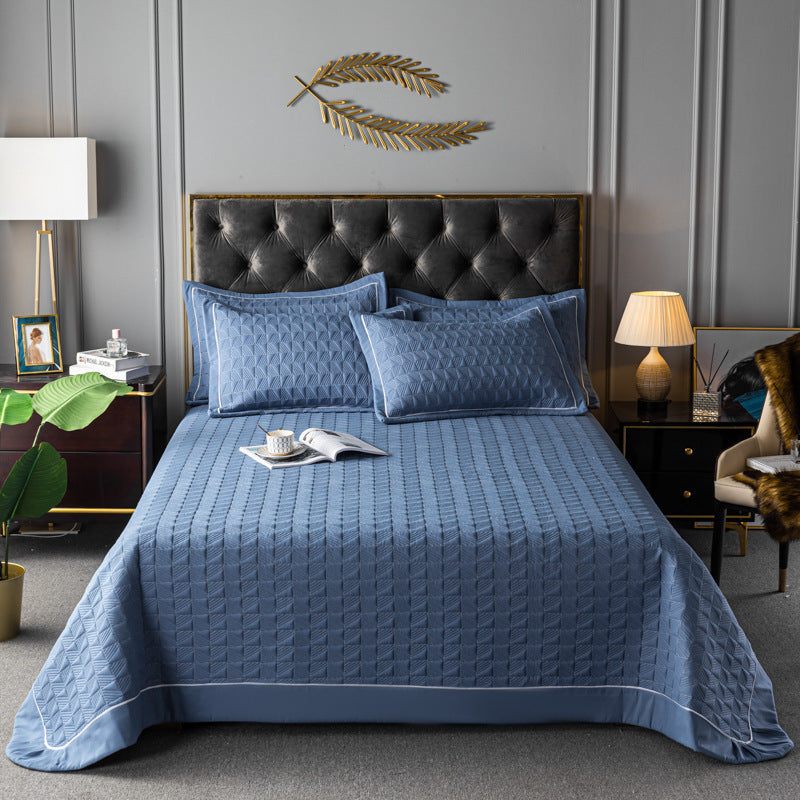 Elegant Quilted Bedspread Set Blue Cotton King Size Soft Hypoallergenic — Main Image