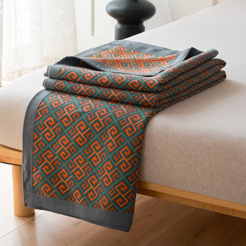 Luxury Geometric Cotton Quilt Set Orange Teal Reversible King Size Bedding — Image 9