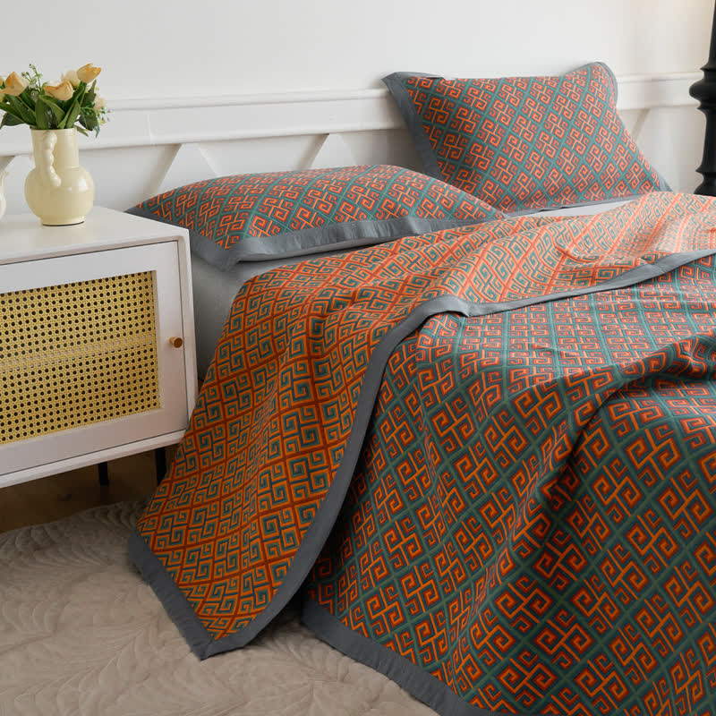 Luxury Geometric Cotton Quilt Set Orange Teal Reversible King Size Bedding — Image 7