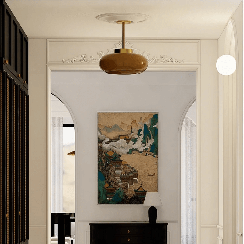 Modern Glass Ceiling Pendant Light Brass Fixture Contemporary Design Amber — Image 4