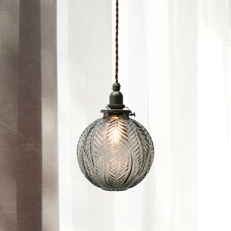 Vintage Glass Pendant Light Handcrafted Etched Globe Design Clear Bronze — Image 4