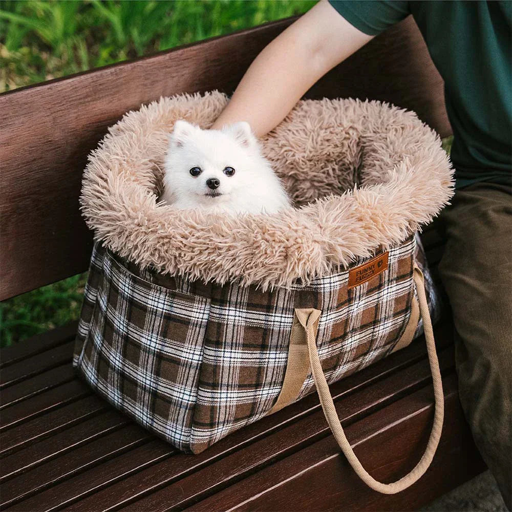 Funny Fuzzy Pet Carrier Bag Plaid Plush Lining Small Dogs Cats Portable Travel Tote — Main Image