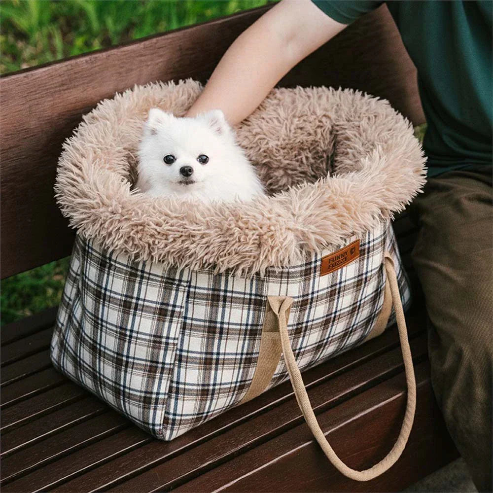 Funny Fuzzy Pet Carrier Bag Plaid Plush Lining Small Dogs Cats Portable Travel Tote — Image 9