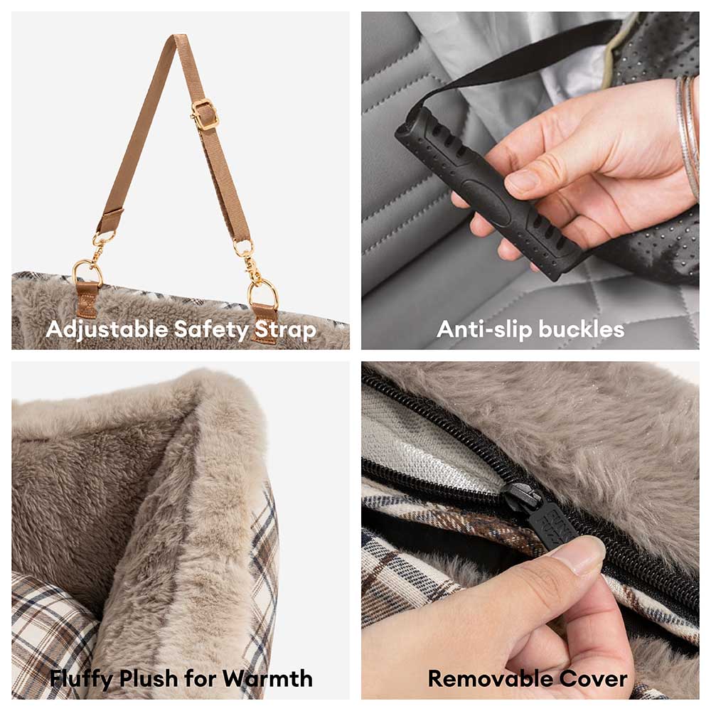 Luxury Pet Car Seat Cover Plush Lining Waterproof Travel Bed Adjustable Safety Straps Anti-Slip Bottom Plaid — Image 4