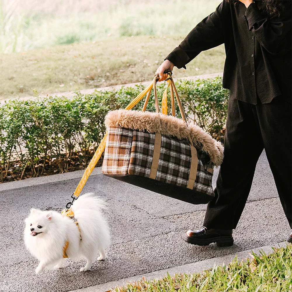 Funny Fuzzy Pet Carrier Bag Plaid Plush Lining Small Dogs Cats Portable Travel Tote — Image 11