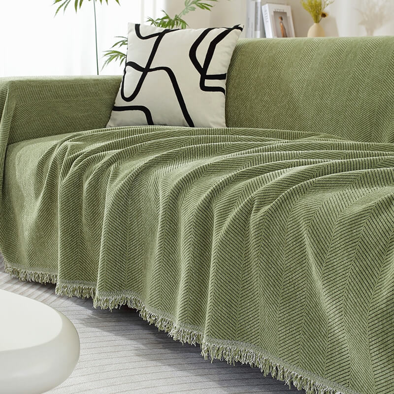 Elegant Herringbone Sofa Throw Blanket Cotton Blend Tassel Fringe Blue Living Room Decor — Image 18