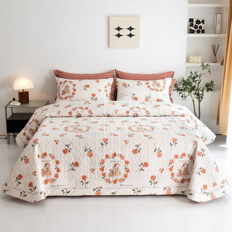 Floral Quilted Bedspread Set Cotton Green Botanical Pattern King Size — Image 13