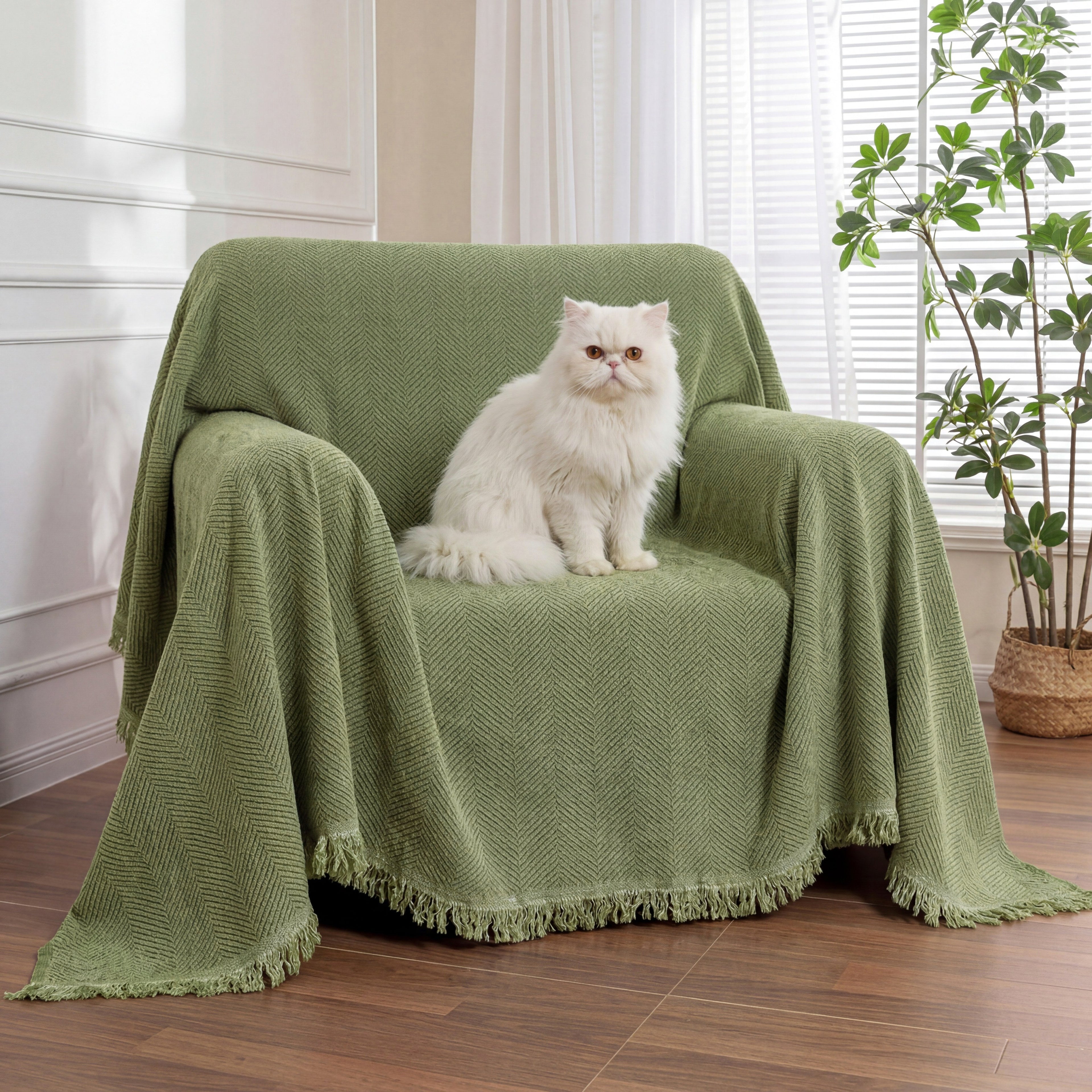 Elegant Herringbone Sofa Throw Blanket Cotton Blend Tassel Fringe Blue Living Room Decor — Image 16