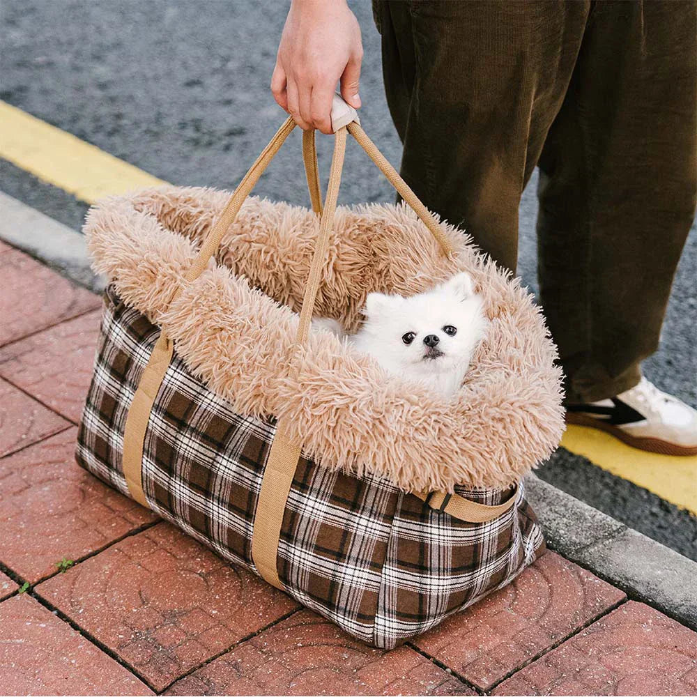 Funny Fuzzy Pet Carrier Bag Plaid Plush Lining Small Dogs Cats Portable Travel Tote — Image 2