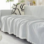 Elegant Herringbone Sofa Throw Blanket Cotton Blend Tassel Fringe Blue Living Room Decor — Image 9