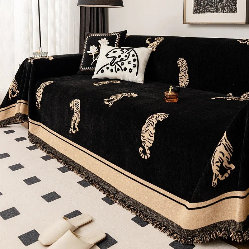 Luxury Woven Sofa Throw Blanket Cotton Blend Tiger Pattern Fringed Edges — Image 2
