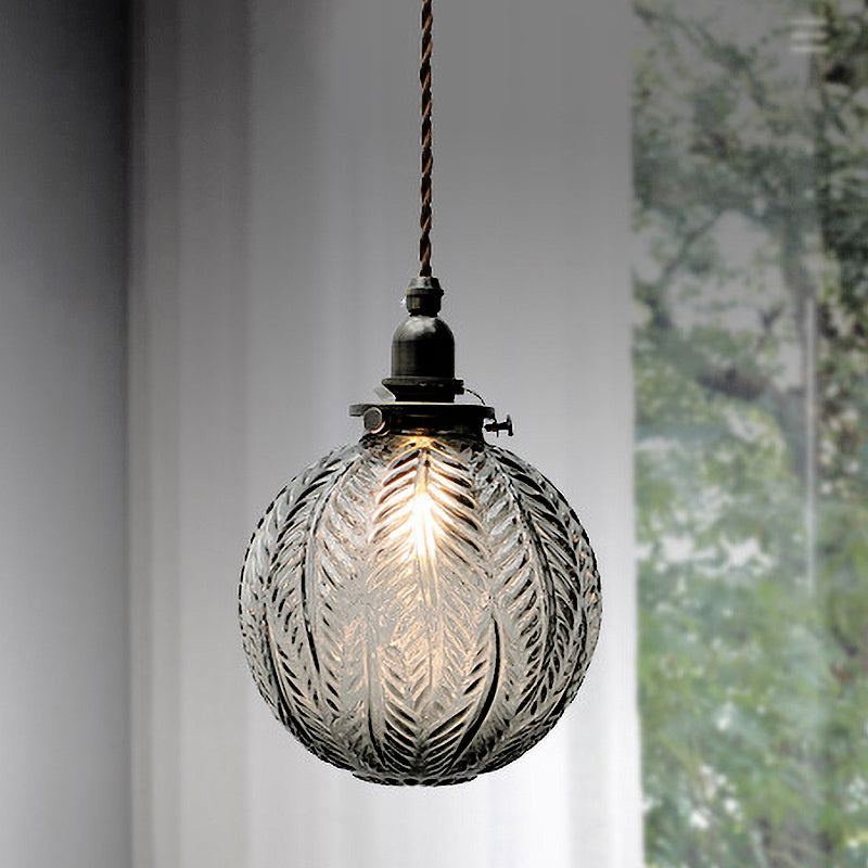Vintage Glass Pendant Light Handcrafted Etched Globe Design Clear Bronze — Main Image