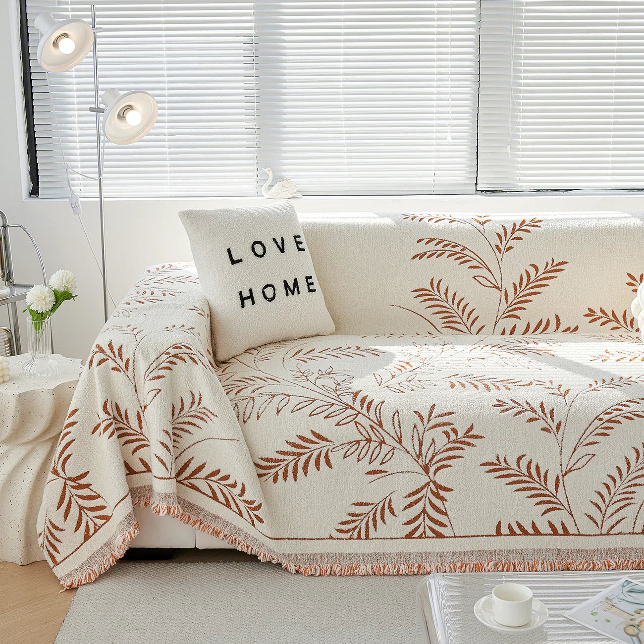 Elegant Leaf Pattern Sofa Cover Cotton Blend Beige Slipcover Living Room Furniture Protector — Image 3