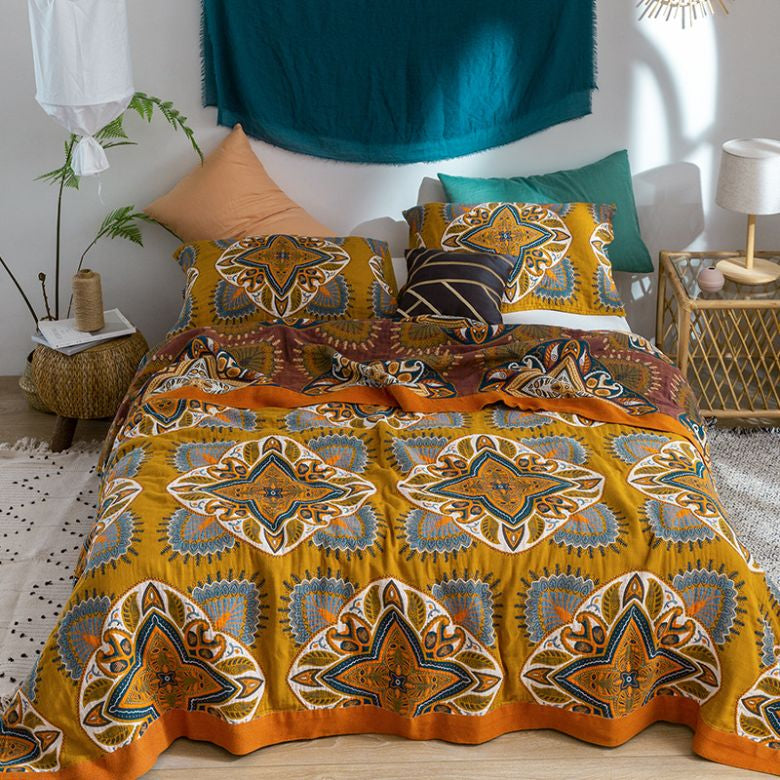 Bohemian Mandala Pattern Cotton Bedspread King Size Teal Yellow Reversible Quilt — Image 3