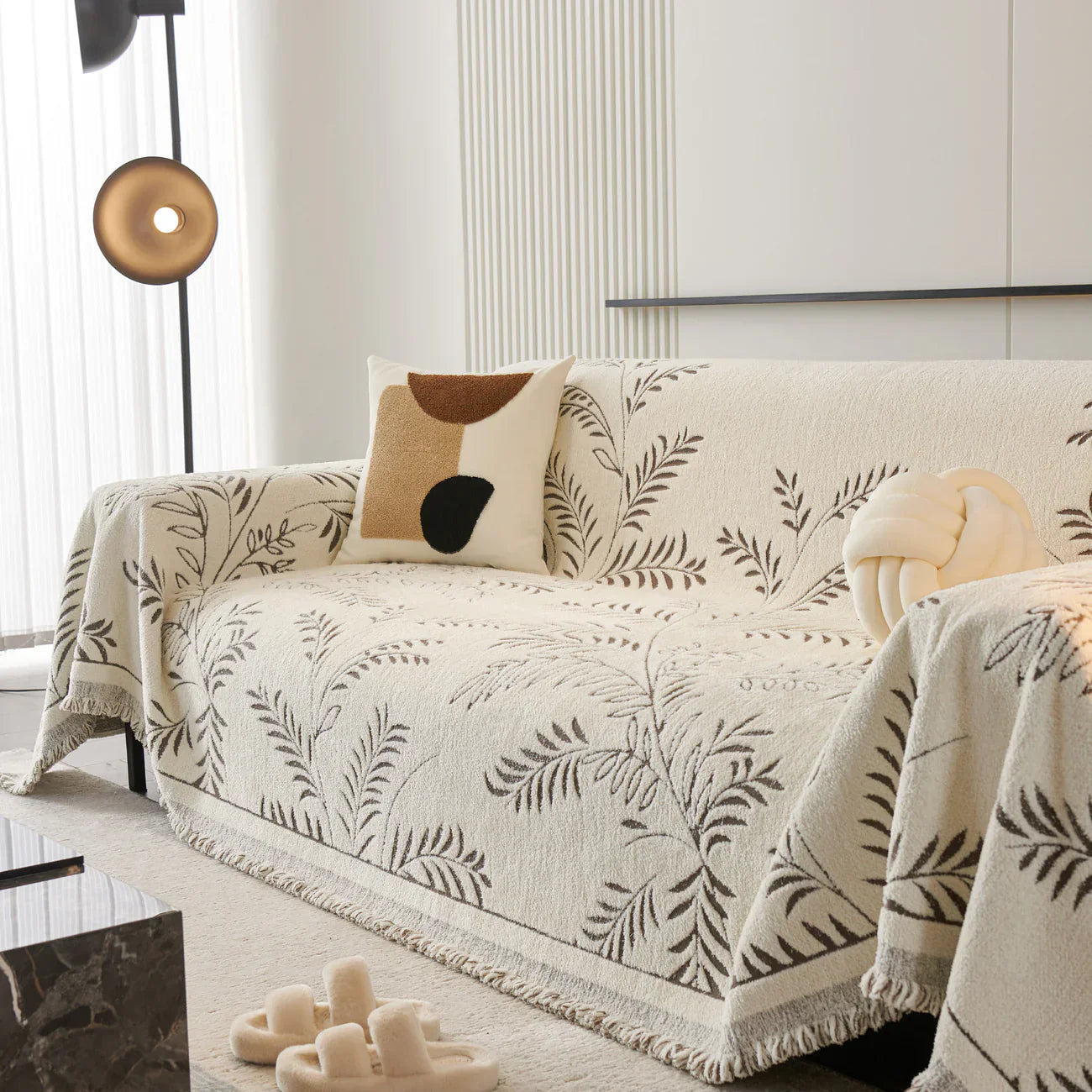 Elegant Leaf Pattern Sofa Cover Cotton Blend Beige Slipcover Living Room Furniture Protector — Image 6