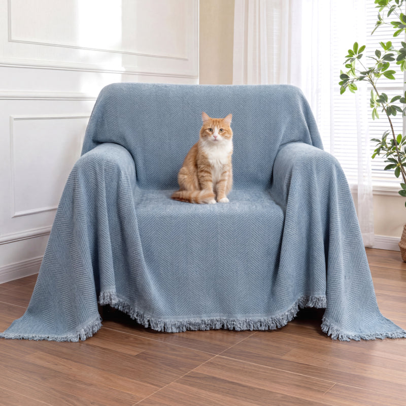 Elegant Herringbone Sofa Throw Blanket Cotton Blend Tassel Fringe Blue Living Room Decor — Image 2