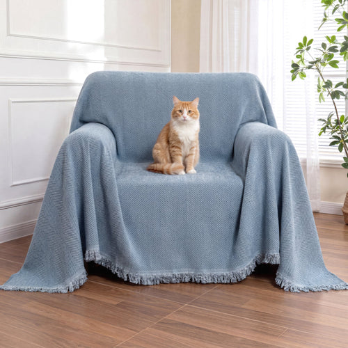 Elegant Herringbone Sofa Throw Blanket Cotton Blend Tassel Fringe Blue Living Room Decor — Image 2