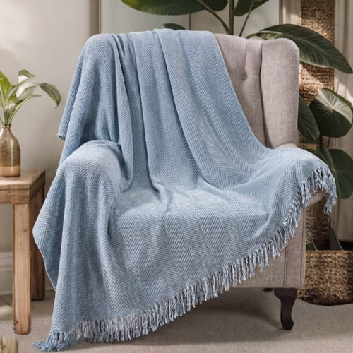 Elegant Herringbone Sofa Throw Blanket Cotton Blend Tassel Fringe Blue Living Room Decor — Main Image