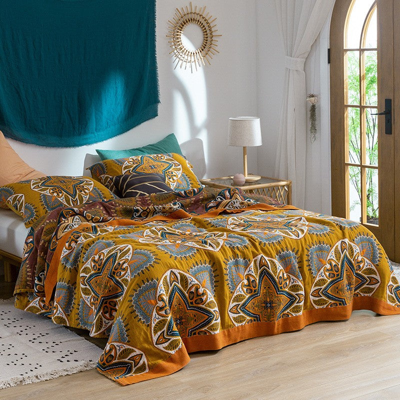 Bohemian Mandala Pattern Cotton Bedspread King Size Teal Yellow Reversible Quilt — Image 4