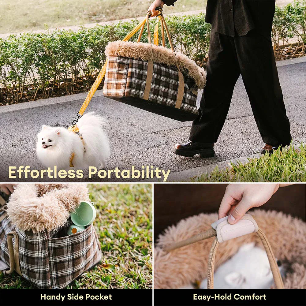 Funny Fuzzy Pet Carrier Bag Plaid Plush Lining Small Dogs Cats Portable Travel Tote — Image 5