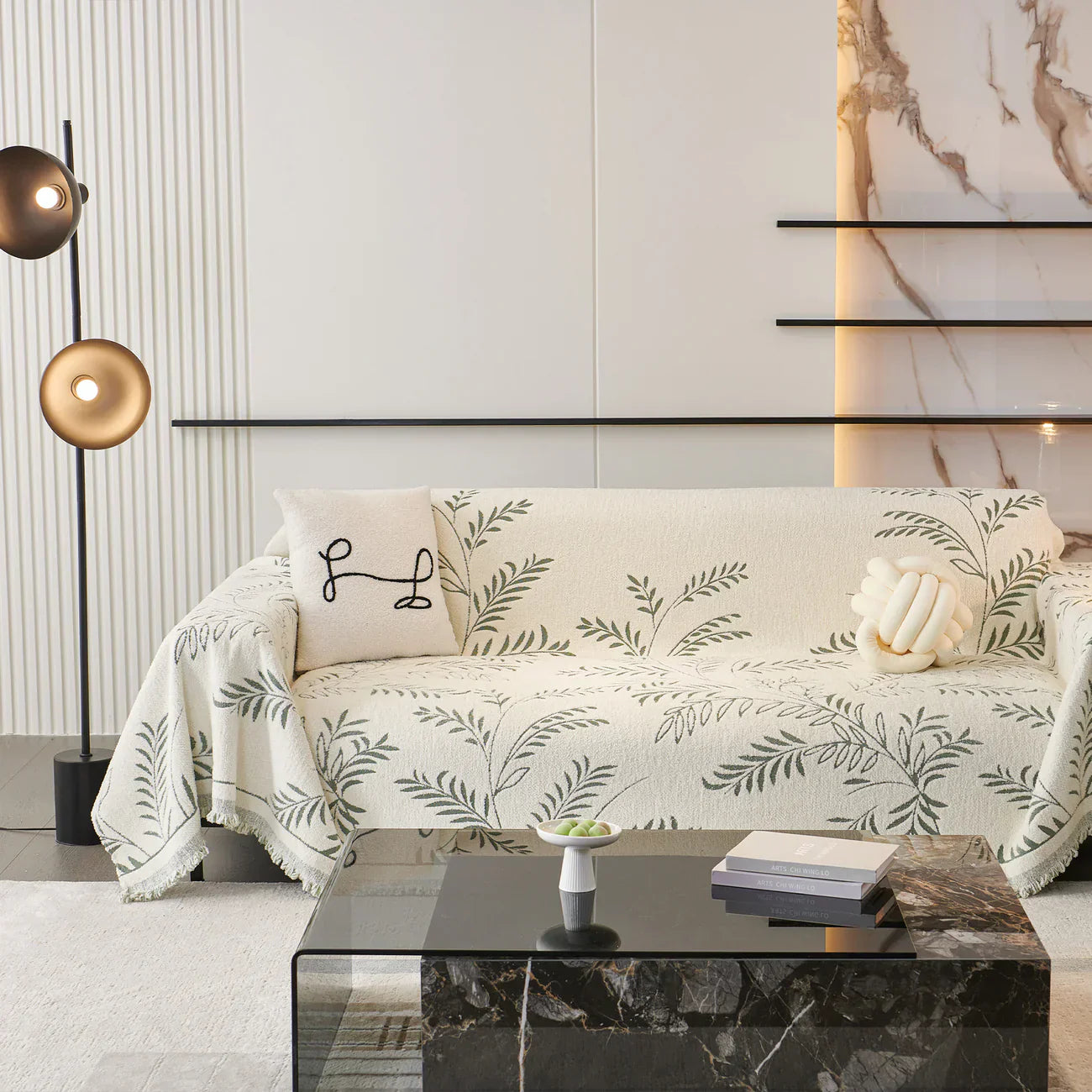 Elegant Leaf Pattern Sofa Cover Cotton Blend Beige Slipcover Living Room Furniture Protector — Main Image