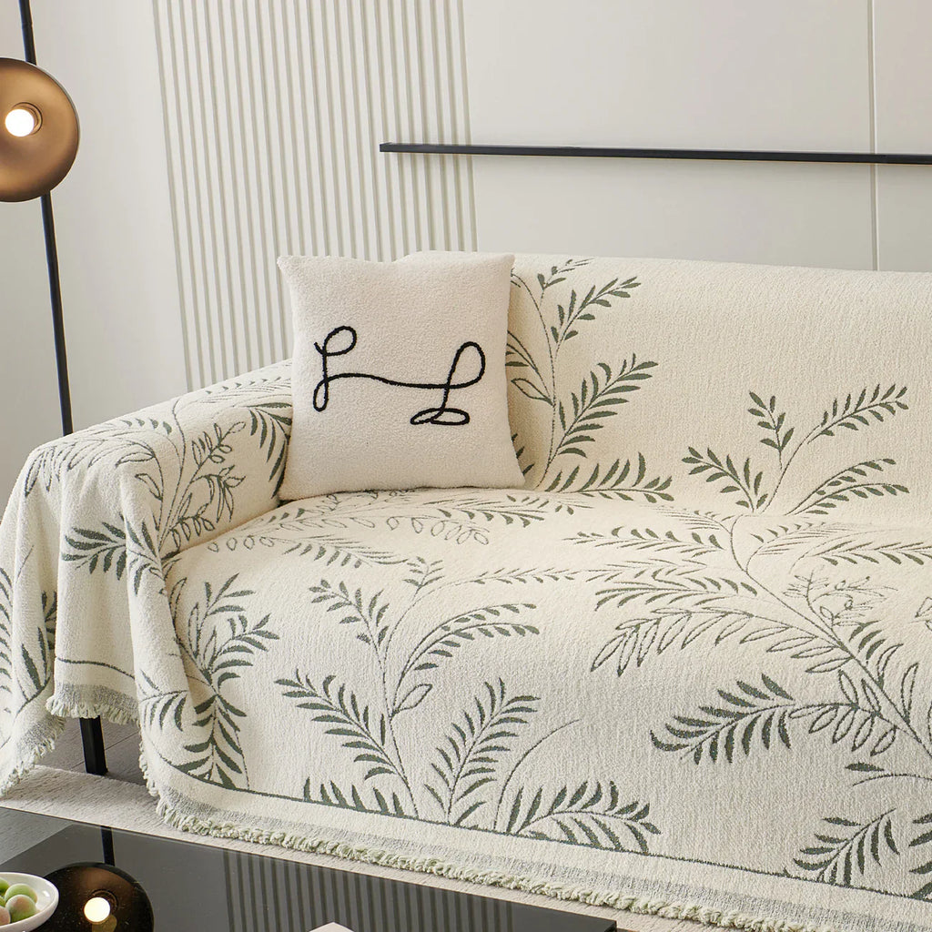 Elegant Leaf Pattern Sofa Cover Cotton Blend Beige Slipcover Living Room Furniture Protector — Image 11