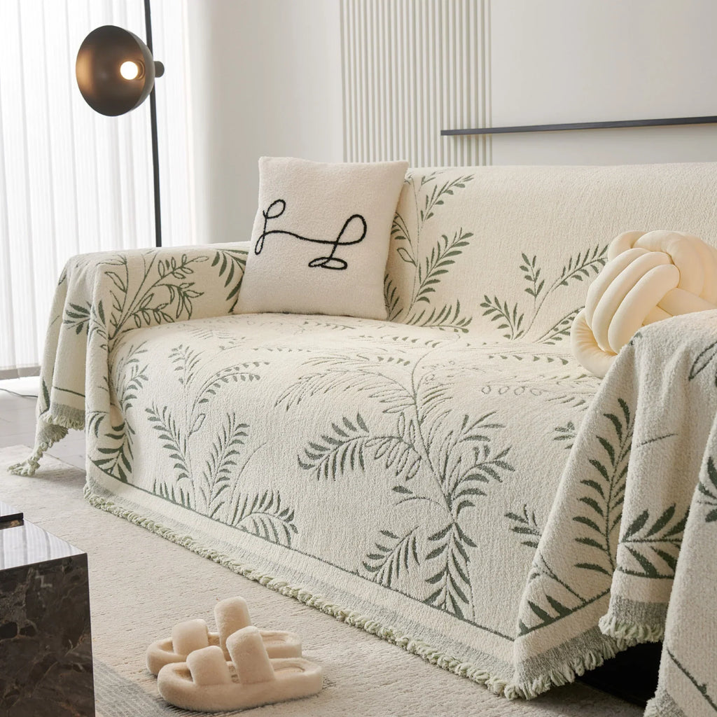 Elegant Leaf Pattern Sofa Cover Cotton Blend Beige Slipcover Living Room Furniture Protector — Image 12