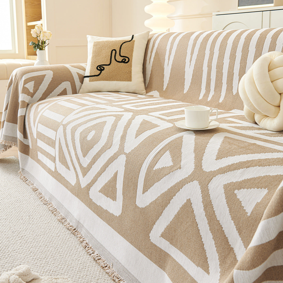 Geometric Pattern Cotton Sofa Cover Black White Woven Couch Protector — Image 9