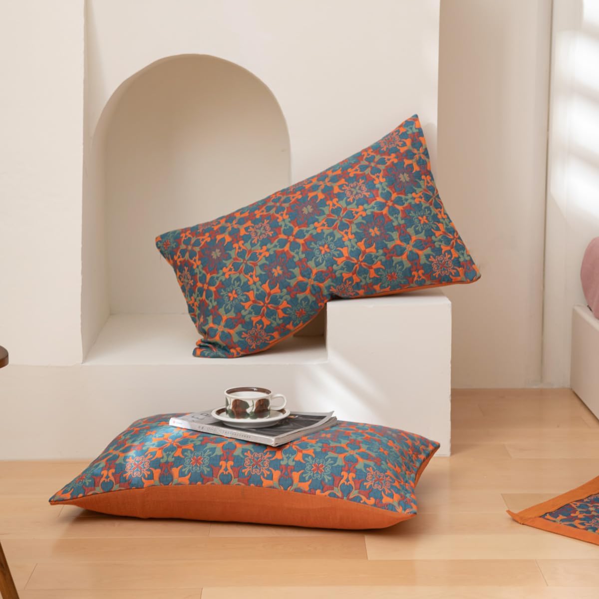 Elegant Floral Cotton Bedspread Set Orange Blue Queen Size Reversible Quilt — Image 10