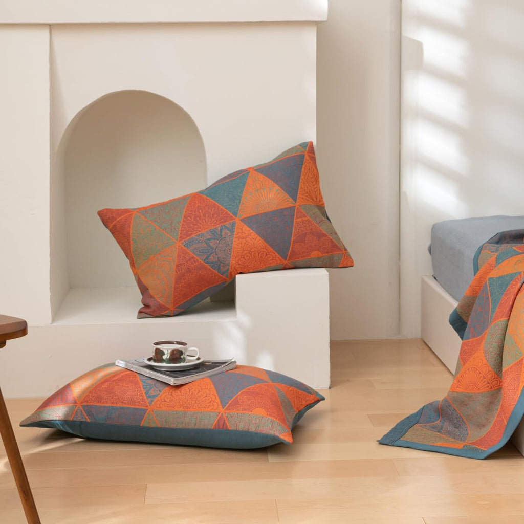 Luxury Cotton Quilt Set Geometric Pattern Orange Blue King Size Soft Breathable Bedding with Pillow Shams — Image 8