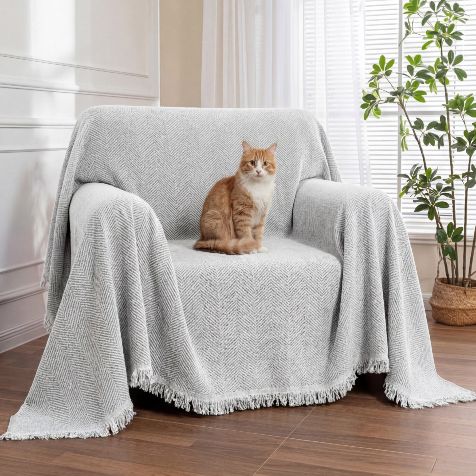 Elegant Herringbone Sofa Throw Blanket Cotton Blend Tassel Fringe Blue Living Room Decor — Image 8