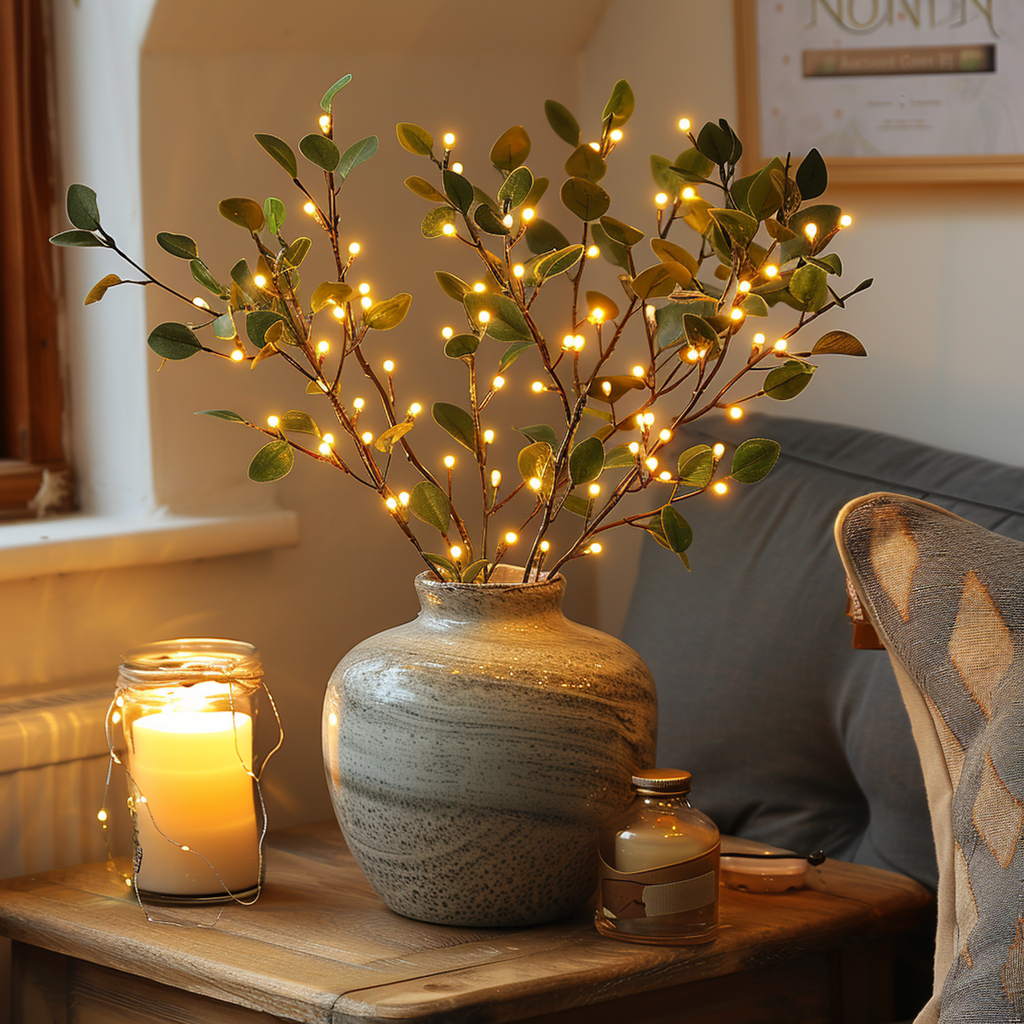 LED Lighted Faux Eucalyptus Branches with Warm White Fairy Lights for Home Decor — Image 3