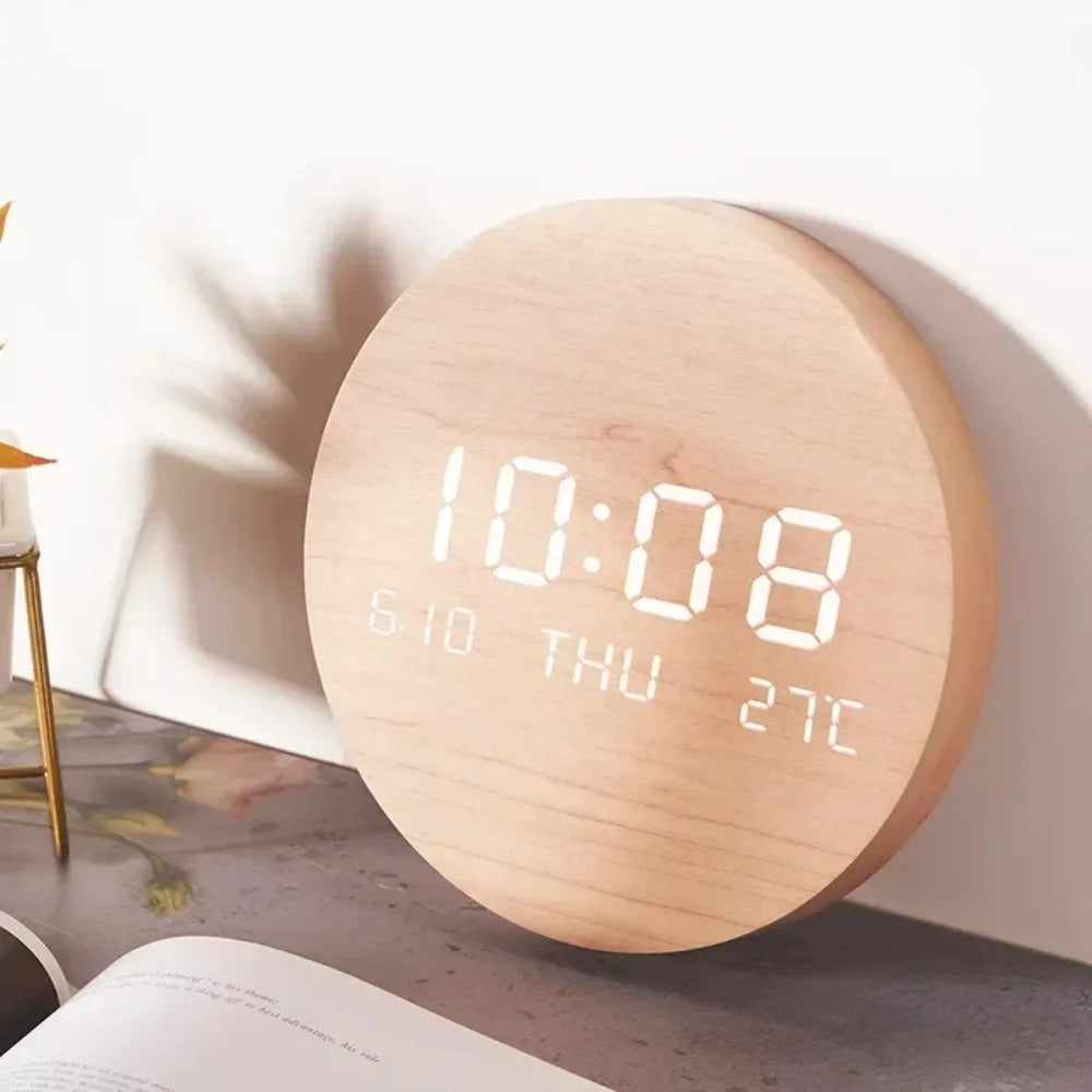 Modern Wooden LED Wall Clock Round Digital Display with Temperature Date Function — Image 5