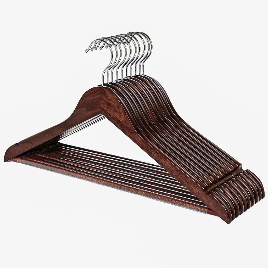 Premium Wooden Clothes Hangers Set of 10 Natural Finish Non-Slip 360-Degree Swivel Hook — Image 6