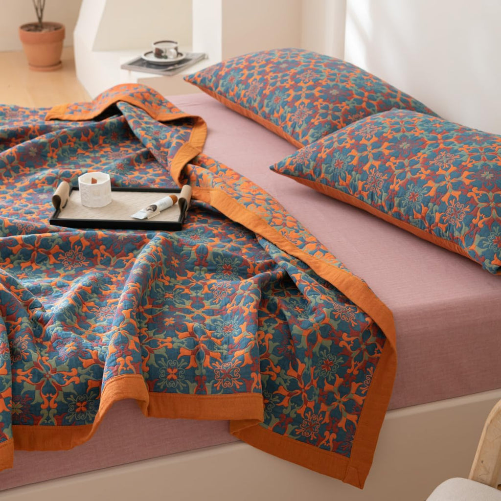 Elegant Floral Cotton Bedspread Set Orange Blue Queen Size Reversible Quilt — Image 5