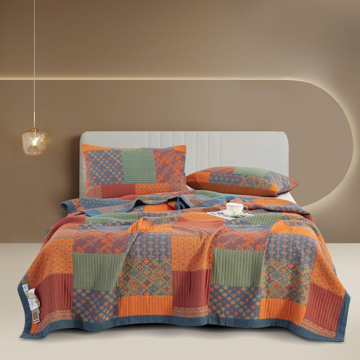 Patchwork Quilt Set Cotton Multicolor Reversible Lightweight Bedding King — Main Image