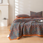 Elegant Floral Cotton Bedspread Set Orange Blue Queen Size Reversible Quilt — Image 3