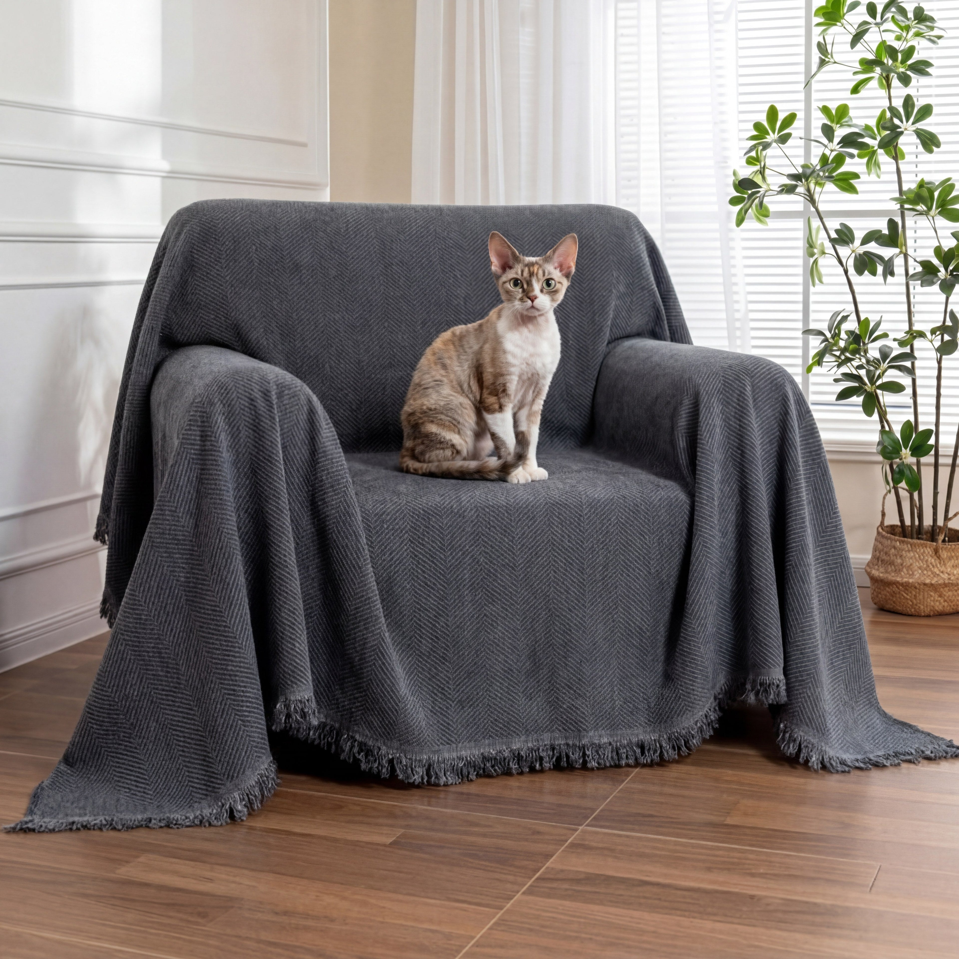 Elegant Herringbone Sofa Throw Blanket Cotton Blend Tassel Fringe Blue Living Room Decor — Image 13