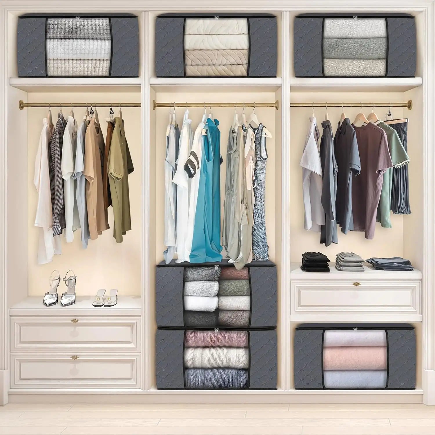 Fab Totes Foldable Storage Bags Large Capacity Organizer with Clear Window and Handles Gray Fabric — Image 7