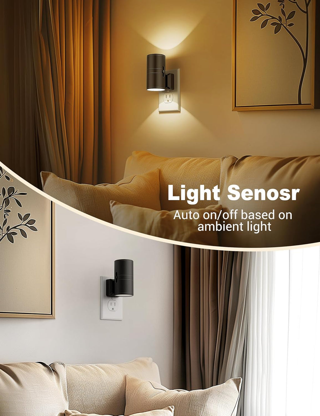Adjustable LED Wall Night Light with Sensor, Black, Energy-Efficient, Eye-Care — Image 3