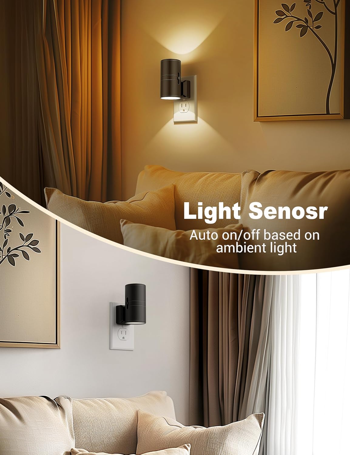Adjustable LED Wall Night Light with Sensor, Black, Energy-Efficient, Eye-Care — Image 3