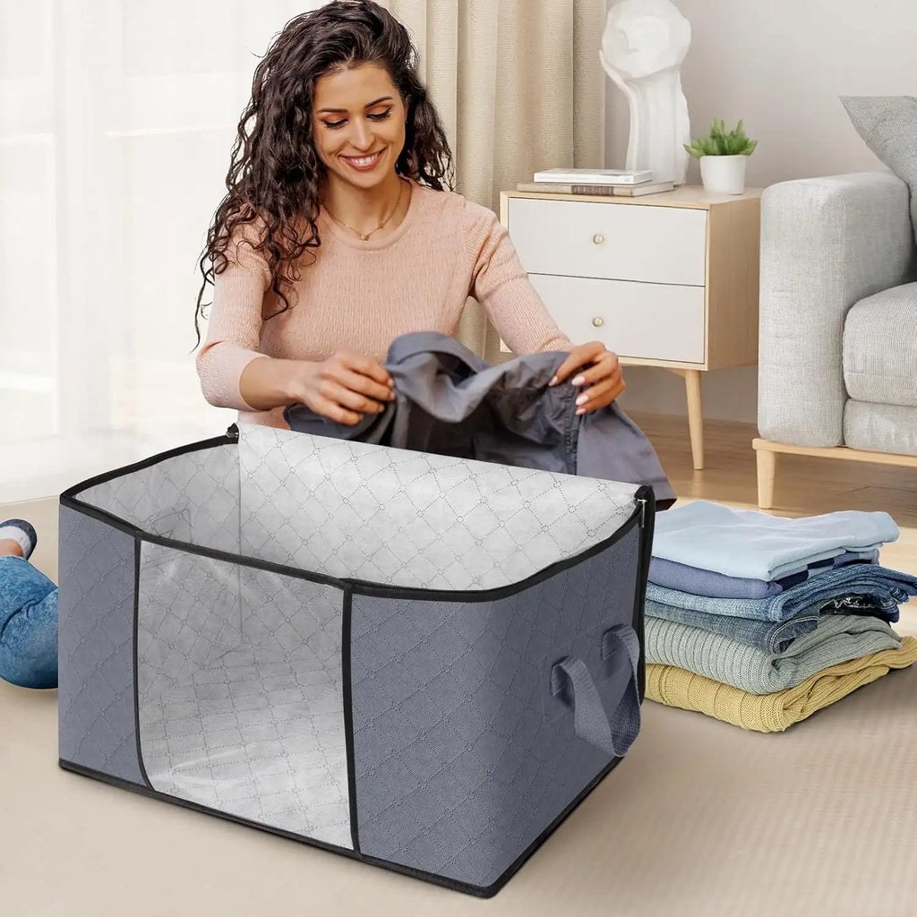 Fab Totes Foldable Storage Bags Large Capacity Organizer with Clear Window and Handles Gray Fabric — Main Image