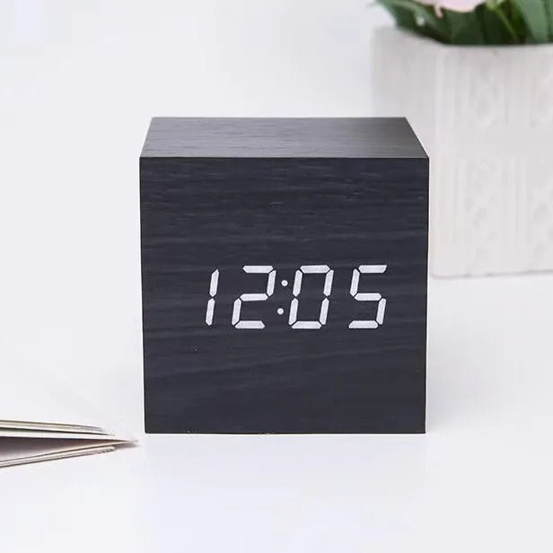 Wooden LED Digital Alarm Clock Cube Design with Temperature Display and Sound Control — Image 10