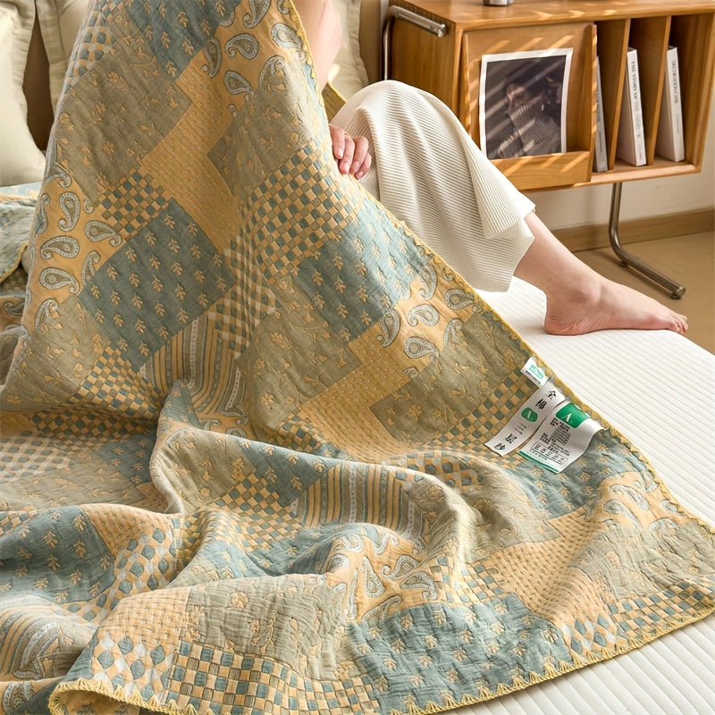 Elegant Patchwork Cotton Quilt Blanket Reversible Beige Blue Soft Lightweight Bedding — Image 2