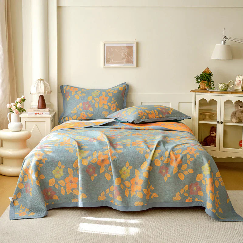 Floral Quilt Set Cotton Reversible Bedding Blue Orange Full/Queen — Image 10