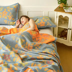 Floral Quilt Set Cotton Reversible Bedding Blue Orange Full/Queen — Image 4