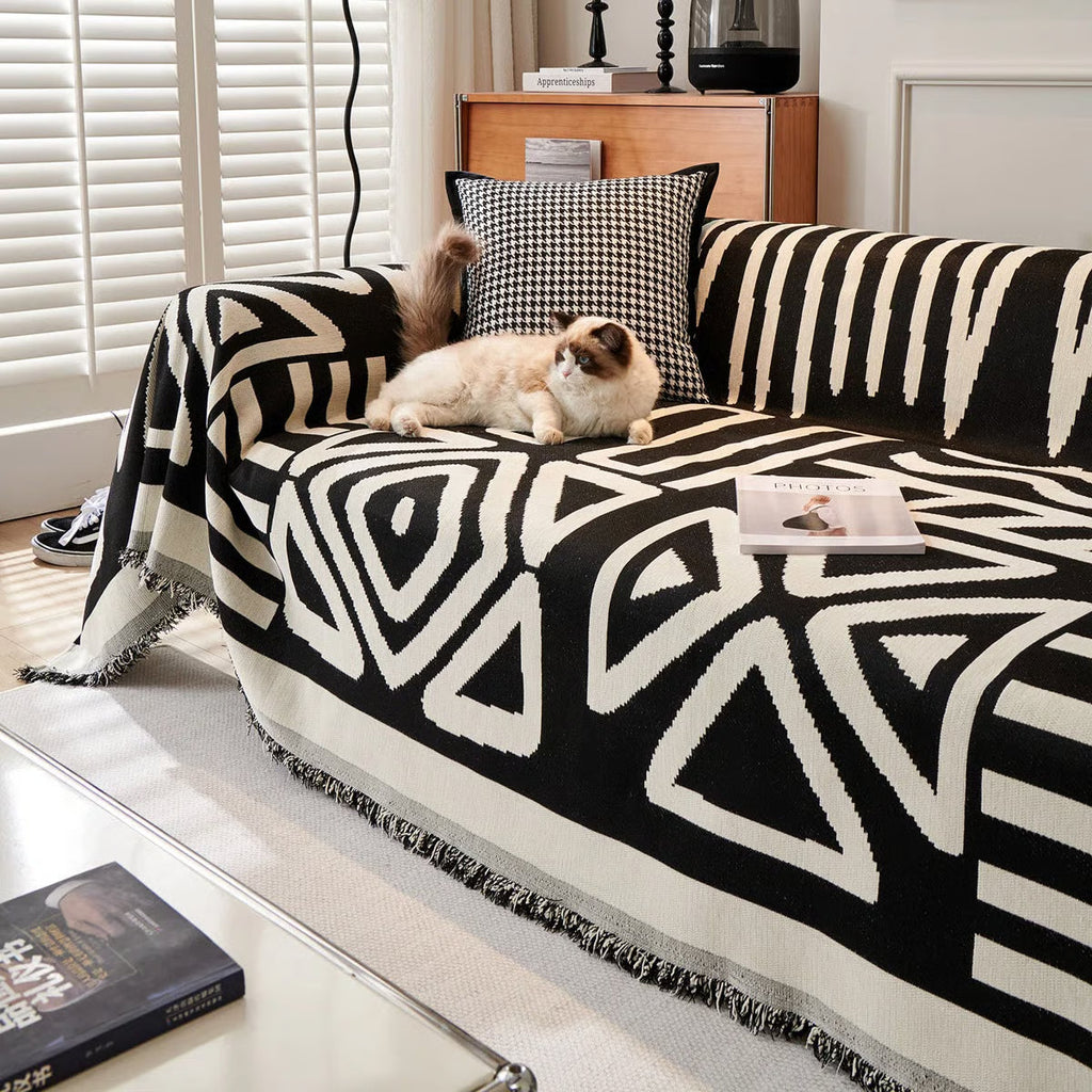Geometric Pattern Cotton Sofa Cover Black White Woven Couch Protector — Main Image