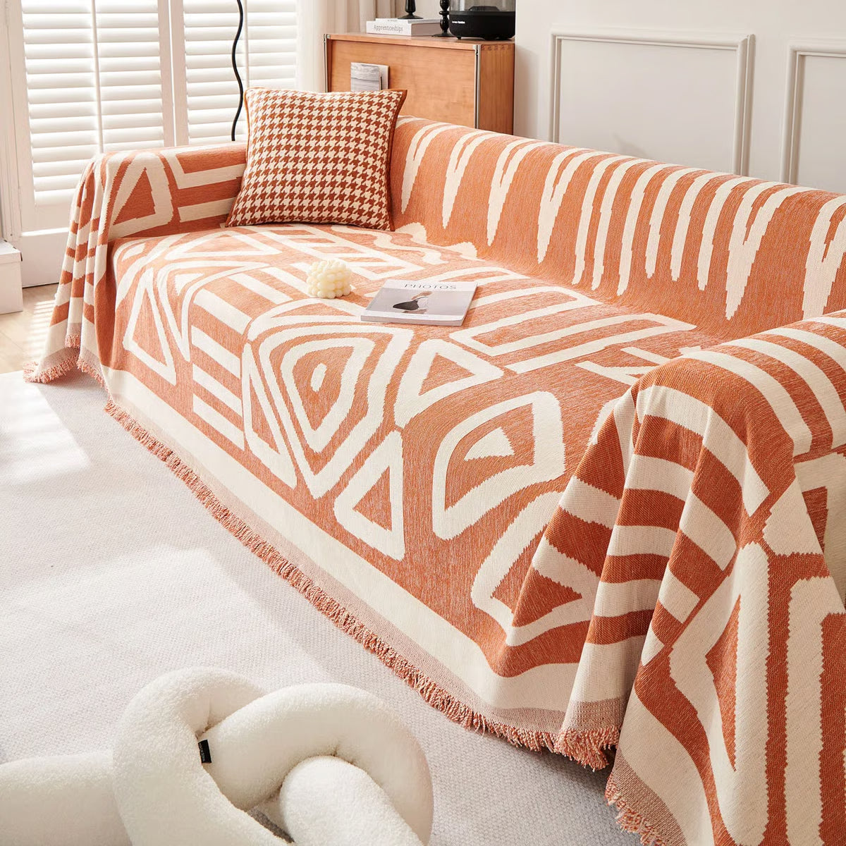 Geometric Pattern Cotton Sofa Cover Black White Woven Couch Protector — Image 11
