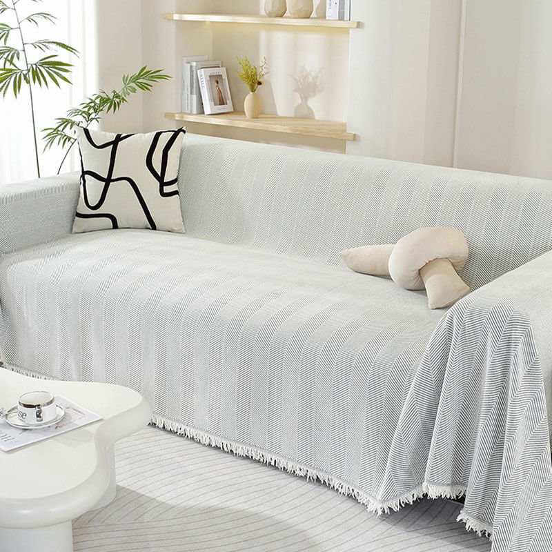 Elegant Herringbone Sofa Throw Blanket Cotton Blend Tassel Fringe Blue Living Room Decor — Image 11