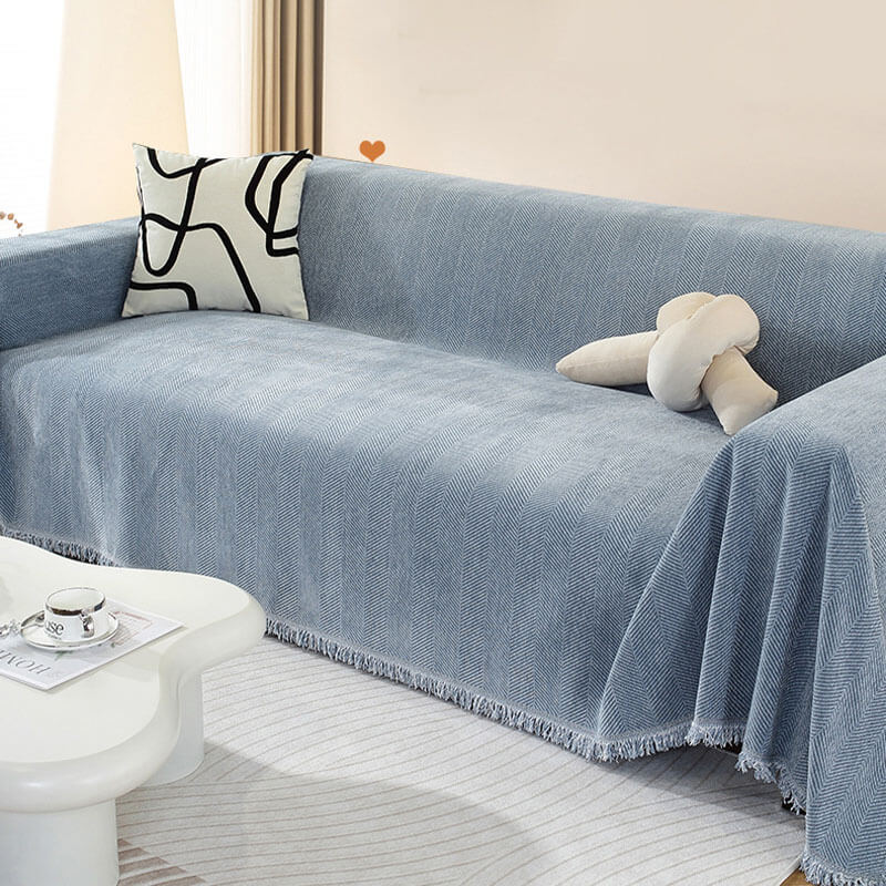Elegant Herringbone Sofa Throw Blanket Cotton Blend Tassel Fringe Blue Living Room Decor — Image 5